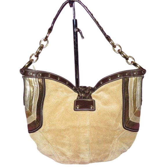 COACH 2006 Maggie Brass Studded Metallic Tan Suede & Brown Leather  Hobo Bag - Picture 2 of 12